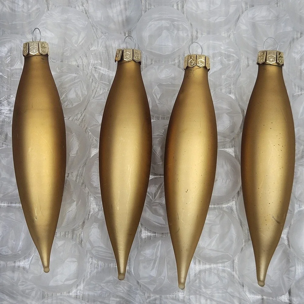 Vintage Matte Gold Glass Christmas Ornaments Teardrop 4 Pack MCM Retro